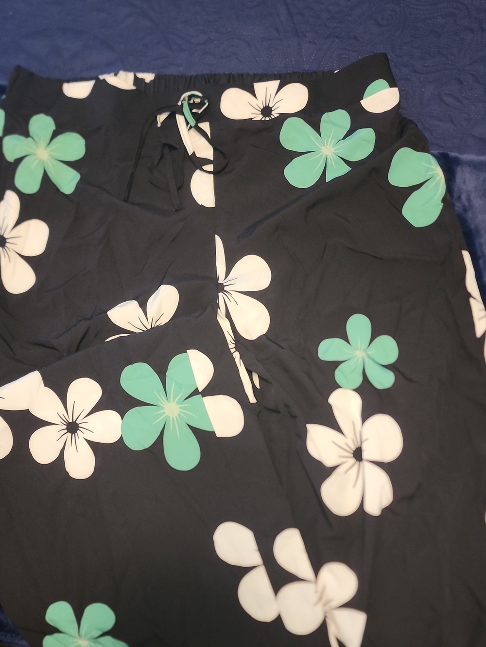 Black Floral Maxi Pants with Mint & White Blooms